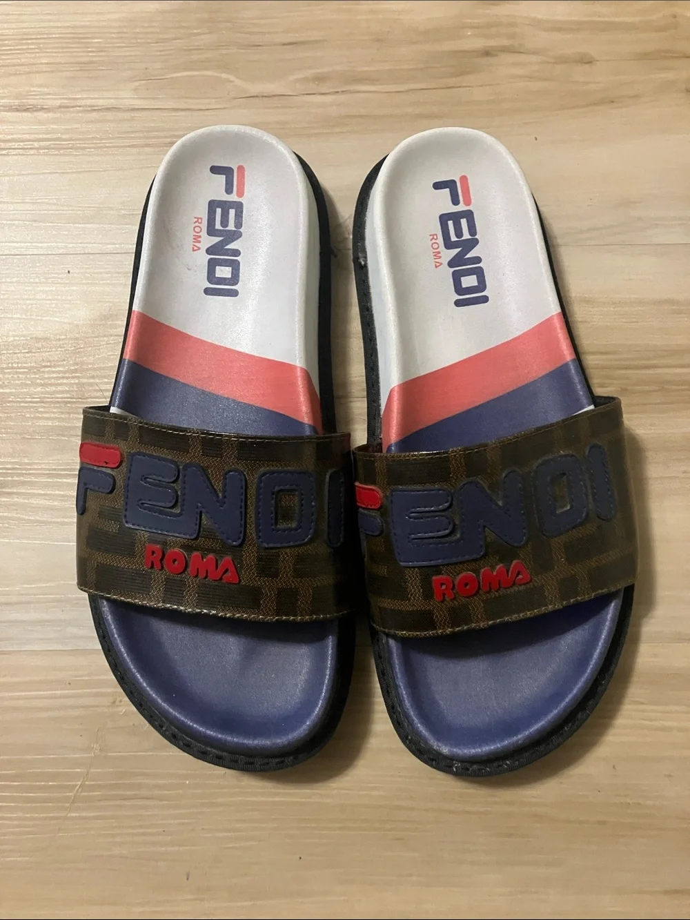 Fendi Brown Monogram Slides with Navy Footbed and Red Accents